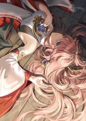 Rule 34 | 1girl, arm up, armpits, bare shoulders, breasts, detached sleeves, dress, gem, genshin impact, hair between eyes, hand on own chest, highres, japanese clothes, large breasts, long hair, long sleeves, looking at viewer, lying, miko, pink hair, purple eyes, red dress, sidelocks, silence girl, smile, solo, very long hair, vision (genshin impact), white dress, wide sleeves, wooden floor, yae miko