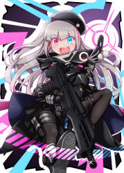 Rule 34 | 1girl, :d, assault rifle, automatic rifle, battle rifle, beret, black footwear, black hat, black jacket, blue eyes, boots, brown pantyhose, bullpup, carbine, cellphone, commentary request, desert tech mdr, flip phone, girls&#039; frontline, gloves, grey gloves, grey hair, gun, harada (sansei rain), hat, heterochromia, high collar, highres, holding, holding gun, holding phone, holding weapon, jacket, long hair, long sleeves, looking at viewer, mdr (girls&#039; frontline), name connection, object namesake, one side up, open mouth, pantyhose, phone, pink eyes, rifle, shoe soles, smile, solo, v-shaped eyebrows, very long hair, weapon