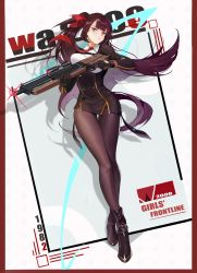 Rule 34 | black footwear, bullpup, collared shirt, dutch angle, framed breasts, girls&#039; frontline, gotie23, gun, hair ribbon, half updo, high-waist skirt, highres, long hair, necktie, one side up, pantyhose, purple hair, red eyes, red necktie, red ribbon, ribbon, rifle, shirt, shoes, skirt, sniper rifle, solo, strap, thighband pantyhose, tsurime, wa2000 (girls&#039; frontline), walther, walther wa 2000, weapon
