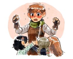 Rule 34 | 1boy, 3girls, ange (angeban93), armor, black hair, blush, brown eyes, brown gloves, brown hair, brown vest, chilchuck tims, dungeon meshi, father and daughter, fingerless gloves, flower, fullertom (dungeon meshi), gloves, hair flower, hair ornament, halfling, highres, large ears, leather armor, mayjack (dungeon meshi), multiple girls, packpatty (dungeon meshi), shirt, striped clothes, striped shirt, sweatdrop, twintails, vest
