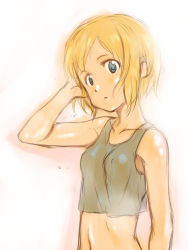 Rule 34 | 1girl, blonde hair, blue eyes, collarbone, erica hartmann, hamao, looking at viewer, midriff, simple background, sketch, solo, strike witches, tank top, world witches series