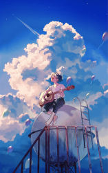 Rule 34 | 1boy, absurdres, balloon, barefoot, black hair, black pants, blue sky, closed eyes, cloud, cloudy sky, commentary request, contrail, crossed legs, cumulonimbus cloud, day, facing away, facing up, full body, guitar, highres, holding, holding instrument, instrument, ladder, lazool 721, open mouth, original, outdoors, pants, railing, rust, scenery, shirt, short hair, sitting, sky, smile, solo, white shirt, wide shot