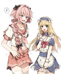 Rule 34 | &gt;:o, 2boys, :o, androgynous, apron, aqua eyes, astolfo (fate), astolfo (sailor paladin) (fate), black bow, blonde hair, blue dress, blush, bow, braid, chevalier d&#039;eon (fate), chibirisu, clenched hand, clothing cutout, collarbone, cowboy shot, detached collar, dress, fang, fate/grand order, fate (series), flower, frilled apron, frilled dress, frills, hair bow, hair flower, hair intakes, hair ornament, hairband, highres, lily (flower), long hair, looking at viewer, looking away, maid apron, maid headdress, male focus, miniskirt, multiple boys, musical note, neckerchief, official alternate costume, open mouth, pink bow, pink hair, pink neckerchief, pink skirt, pleated skirt, puffy short sleeves, puffy sleeves, purple eyes, quaver, sailor collar, school uniform, serafuku, shirt, short sleeves, shoulder cutout, skirt, speech bubble, spoken musical note, swept bangs, teeth, thighhighs, trap, undressing, upper teeth only, v-shaped eyebrows, waist apron, white apron, white background, white legwear, white shirt, wrist cuffs