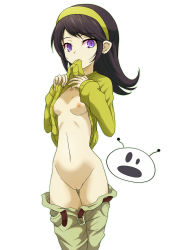 Rule 34 | 1girl, black hair, breasts, clam curry, cleft of venus, clothes lift, clothes pull, highres, leslie meyers, nude, pants, pants pull, purple eyes, pussy, shirt lift, south park, undressing