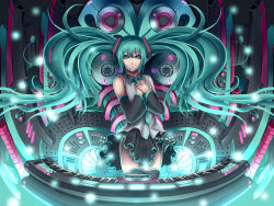 Rule 34 | 1girl, detached sleeves, floating hair, green eyes, green hair, hands on own chest, hatsune miku, instrument, keyboard (instrument), ko-ran, long hair, matching hair/eyes, necktie, skirt, solo, thighhighs, twintails, very long hair, vocaloid