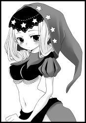 Rule 34 | 1girl, crop top, greyscale, looking at viewer, lowres, midriff, monochrome, navel, odin sphere, puff and slash sleeves, puffy short sleeves, puffy sleeves, short sleeves, simple background, skirt, solo, stomach, veil, velvet (odin sphere), white background