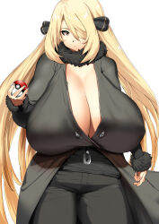 Rule 34 | 1girl, :/, absurdres, alternate breast size, arm at side, black coat, black pants, black shirt, blonde hair, breasts, brown eyes, cleavage, closed mouth, coat, covered erect nipples, cowboy shot, creatures (company), curvy, cynthia (pokemon), expressionless, eyelashes, fingernails, fur-trimmed sleeves, fur collar, fur trim, game freak, gigantic breasts, hair ornament, hair over one eye, hand up, highres, holding, holding poke ball, impossible clothes, long bangs, long hair, long sleeves, looking at viewer, nintendo, pants, plunging neckline, poke ball, poke ball (basic), pokemon, pokemon dppt, shirt, simple background, solo, tenpura (tenpura621), v-neck, very long hair, white background