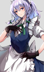 Rule 34 | 1girl, apron, back bow, blue eyes, bow, braid, brown gloves, closed mouth, expressionless, feet out of frame, frilled apron, frills, gloves, green bow, grey background, hair bow, hand on own chest, hand on own hip, head tilt, headdress, highres, izayoi sakuya, kurozu piroo, lips, looking at viewer, maid, maid headdress, medium hair, puffy short sleeves, puffy sleeves, sash, short sleeves, side braids, sidelocks, silver hair, simple background, solo, standing, touhou, twin braids, waist apron, white apron, white sash, window, wrist cuffs
