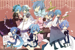 Rule 34 | 1boy, ;d, apron, blue eyes, blue hair, blue scarf, blush, bow, coffee, crossdressing, dress, glasses, gothic lolita, kaito (vocaloid), lolita fashion, maid, maid apron, maid headdress, male focus, multiple views, one eye closed, open mouth, scarf, smile, spring onion, tray, various positions, vocaloid, waitress, wink, yoshiki