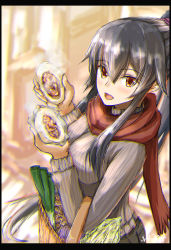 Rule 34 | 1girl, alternate costume, bag, baozi, black hair, border, breasts, commentary request, food, hair between eyes, hairband, highres, kantai collection, long hair, looking at viewer, open mouth, ponytail, red scarf, ribbed sweater, scarf, seitei (04seitei), shopping bag, sketch, solo, sweater, yahagi (kancolle)