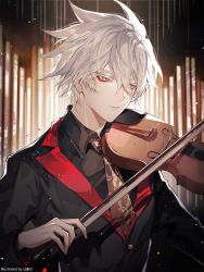 Rule 34 | 1boy, alternate costume, bishounen, blue eyes, fate/apocrypha, fate/extella, fate/extra, fate/extra ccc, fate/grand order, fate (series), feet out of frame, highres, holding, holding instrument, holding violin, instrument, karna (fate), looking to the side, male focus, music, playing instrument, solo, sqloveraven, upper body, vest, violin, white hair