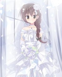 Rule 34 | 10s, 1girl, backlighting, bad id, bad twitter id, bouquet, braid, bridal veil, brown eyes, brown hair, choker, closed mouth, commentary, cowboy shot, dress, elbow gloves, flower, getsumen suibaku ver. a(c), girls und panzer, gloves, hair flower, hair ornament, hair over shoulder, highres, holding, holding bouquet, indoors, jewelry, layered dress, long dress, long hair, looking at viewer, necklace, off-shoulder dress, off shoulder, rose, rukuriri (girls und panzer), single braid, smile, solo, standing, veil, wedding dress, white choker, white dress, white flower, white gloves, white rose, wind, wind lift