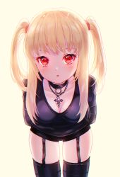 Rule 34 | 1girl, :o, amane misa, bad id, bad pixiv id, beige background, black choker, black shorts, black thighhighs, blonde hair, blush, breasts, choker, cleavage, commentary request, death note, downblouse, garter straps, hair tie, highres, jewelry, leaning forward, long hair, medium breasts, nami (nyaa), parted lips, pendant, red eyes, short shorts, shorts, signature, simple background, solo, thighhighs, two side up