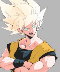 Rule 34 | 1boy, bare arms, blonde hair, commentary request, crossed arms, dougi, dragon ball, dragonball z, green eyes, grey background, highres, kz (dbz kz), looking away, looking to the side, male focus, muscular, muscular male, no pupils, open mouth, pectorals, raised eyebrow, simple background, sleeveless, solo, son goku, spiked hair, super saiyan, teeth, upper body, wristband