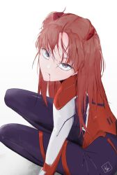 Rule 34 | 1girl, artist request, ass, blood, blood in mouth, blue eyes, bodysuit, breasts, brown hair, expressionless, long hair, looking at viewer, looking back, neon genesis evangelion, out of frame, plugsuit, rebuild of evangelion, red bodysuit, shiny clothes, simple background, sitting, skin tight, solo, souryuu asuka langley, two side up, white background, wide hips