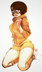 Rule 34 | 1girl, blue eyes, bottomless, breasts, brown hair, cartoon network, curvy, dress, duplicate, freckles, glasses, hip focus, kneehighs, kneeling, large breasts, naked sweater, no panties, orange shirt, qiqo, ribbed sweater, scooby-doo, shirt, short hair, sleeves pushed up, socks, solo, sweater, sweater dress, thighs, turtleneck, velma dace dinkley, white background