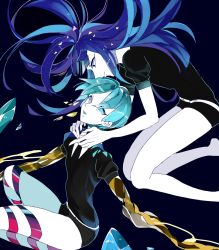 Rule 34 | 2others, akarino7, androgynous, aqua eyes, aqua hair, blue eyes, blue hair, eyes visible through hair, gem uniform (houseki no kuni), golden arms, hime cut, houseki no kuni, lapis lazuli (houseki no kuni), long hair, looking at another, multiple others, necktie, phosphophyllite, shards, short hair, spoilers