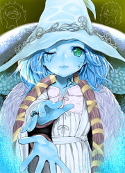 Rule 34 | 1girl, blue hair, blue skin, cloak, coat, colored skin, crack, cracked skin, dress, elden ring, extra arms, extra faces, facial tattoo, fur cloak, fur coat, happy, hat, jewelry, long hair, ranni the witch, ring, sakuru, simple background, smile, solo, tattoo, wavy hair, witch, witch hat