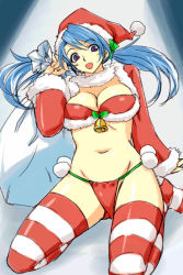 Rule 34 | 1girl, bell, blue hair, bra, christmas, jingle bell, lingerie, long hair, michael f91, panties, santa costume, solo, striped clothes, striped thighhighs, thighhighs, twintails, underwear, underwear only
