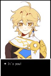 Rule 34 | 1boy, absurdres, aether (genshin impact), ahoge, armor, blonde hair, blush, braid, brown shirt, closed mouth, earrings, english text, genshin impact, gold trim, hair between eyes, highres, jewelry, kohianji, long hair, looking at viewer, male focus, scarf, shirt, short sleeves, shoulder armor, simple background, single earring, smile, solo, standing, white background, white scarf, yellow eyes