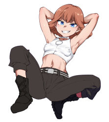 Rule 34 | 1girl, armpits, arms behind head, blue eyes, blush, breasts, brown hair, covered erect nipples, full body, funnyari, grey pants, grin, gundam, gundam suisei no majo, looking at viewer, midriff, navel, pants, shirt, short hair, simple background, skin tight, small breasts, smile, solo, sophie pulone, spread legs, white background, white shirt