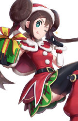 Rule 34 | 1girl, bad id, bad twitter id, belt, black belt, black gloves, black thighhighs, blue eyes, blush, boots, box, breasts, brown hair, capelet, christmas, closed mouth, commentary, creatures (company), double bun, dress, english commentary, fur-trimmed gloves, fur trim, game freak, gift, gift box, gloves, gonzarez, green skirt, hair bun, hat, highres, holding, holding box, knee boots, licking lips, long hair, looking at viewer, medium breasts, miniskirt, mixed-language commentary, nintendo, official alternate costume, one eye closed, pokemon, pokemon masters ex, pom pom (clothes), red capelet, red dress, red footwear, red hat, rosa (holiday 2019) (pokemon), rosa (pokemon), santa costume, santa dress, santa hat, simple background, skirt, smile, solo, sparkle, thighhighs, thighs, tongue, tongue out, white background