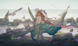 Rule 34 | 1girl, aer7o, alternate costume, barefoot, beach, bikini, bird, blue sarong, blue sky, breasts, brown hair, cooler, day, floating hair, from behind, full body, girls&#039; frontline, green eyes, hair between eyes, hair rings, hand on headwear, hat, highres, holding, holding umbrella, large breasts, long hair, looking at viewer, navel, ocean, outdoors, parted lips, sand, sarong, scenery, seagull, see-through, shirt, sidelocks, sky, smile, solo, springfield (girls&#039; frontline), stomach, summer, sun hat, swimsuit, thighs, tied shirt, umbrella, waves, white hat, white shirt, wind, wind lift