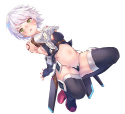 Rule 34 | 1girl, arm belt, bad id, bad pixiv id, bandaged arm, bandages, black gloves, black panties, black thighhighs, breasts, facial scar, fate/grand order, fate (series), full body, gloves, green eyes, high heels, highres, jack the ripper (fate/apocrypha), looking at viewer, lowleg, lowleg panties, navel, panties, scar, scar across eye, scar on cheek, scar on face, sheath, sheathed, shoulder tattoo, simple background, single glove, small breasts, solo, suigetsu (hjs1106), tattoo, thighhighs, underwear, white background, white hair