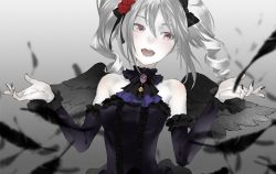 Rule 34 | 10s, 1girl, :d, bare shoulders, black feathers, black nails, black wings, bow, detached sleeves, drill hair, feathered wings, feathers, gradient background, hair bow, idolmaster, idolmaster cinderella girls, kanzaki ranko, nail polish, open mouth, pale skin, purple eyes, redjuice, silver hair, smile, solo, teeth, twin drills, twintails, wings