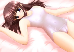 Rule 34 | 1girl, bed, blue eyes, blush, breasts, brown hair, cameltoe, cleft of venus, covered erect nipples, highres, kisaragi mic, long hair, one-piece swimsuit, school swimsuit, see-through, small breasts, solo, swimsuit, white school swimsuit, white one-piece swimsuit