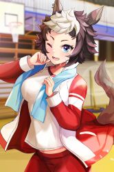Rule 34 | 1girl, absurdres, animal ears, blue eyes, blurry, blurry background, breasts, brown hair, commentary request, cowboy shot, ear ornament, ear piercing, gym, hanamura pink, highres, horse ears, horse girl, horse tail, jacket, long sleeves, looking at viewer, medium breasts, mejiro ryan (umamusume), multicolored hair, one eye closed, open clothes, open jacket, open mouth, pants, piercing, red jacket, short hair, smile, solo, streaked hair, tail, tracen training uniform, track pants, umamusume, white hair
