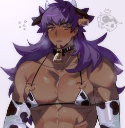 Rule 34 | 1boy, abs, alternate costume, animal ears, animal print, bare shoulders, bell, bikini, blush, bright pupils, brown eyes, character name, chariko, closed mouth, collar, collarbone, commentary, cow boy, cow ears, cow horns, cow print, creatures (company), dark-skinned male, dark skin, elbow gloves, english commentary, facial hair, flying sweatdrops, game freak, glint, gloves, highres, horns, leon (pokemon), long hair, male focus, muscular, muscular male, name tag, neck bell, nintendo, pectorals, pokemon, pokemon swsh, purple hair, solo, steam, sweat, swimsuit, upper body