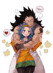 Rule 34 | 1boy, 1girl, black hair, blue hair, blush, bracelet, brown eyes, cat, clenched teeth, collarbone, couple, dress, earrings, embarrassed, english text, facing viewer, fairy tail, fingerless gloves, gajeel redfox, gloves, hairband, happy, heart, height difference, hetero, highres, hug, hug from behind, jewelry, levy mcgarden, long hair, looking at another, looking away, looking to the side, muscular, pants, parted lips, ribbon, rusky, scar, shirt, simple background, sleeveless, speech bubble, spiked hairspoken heart, standing, talking, tattoo, teeth, thighhighs, white background