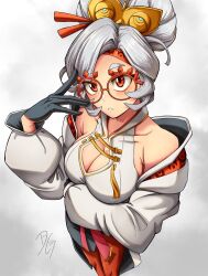 Rule 34 | 1girl, bare shoulders, black gloves, blush, breasts, cleavage, commentary request, dilan griz, eye symbol, eyeshadow, eyewear on head, from above, glasses, gloves, grey hair, hair ornament, hair stick, hair up, highres, large breasts, looking at viewer, makeup, nintendo, pantyhose, purah, red-framed eyewear, red eyes, red eyeshadow, red pantyhose, round eyewear, shirt, solo, the legend of zelda, the legend of zelda: tears of the kingdom, white shirt