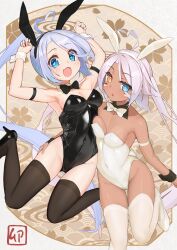 Rule 34 | 2girls, :d, :o, ahoge, alternate costume, animal ears, arm strap, arms up, azur lane, bare shoulders, black bow, black bowtie, black footwear, black leotard, black thighhighs, blue eyes, bow, bowtie, breasts, chinese zodiac, cleavage, collarbone, commentary request, covered navel, dark-skinned female, dark skin, detached collar, facepaint, fake animal ears, fake tail, fang, grey hair, groin, hair between eyes, heart, heart-shaped pupils, heart ahoge, heterochromia, high heels, highleg, highleg leotard, highres, indianapolis (azur lane), leotard, long hair, looking at viewer, medium breasts, multiple girls, open mouth, playboy bunny, portland (azur lane), rabbit ears, rabbit pose, rabbit tail, side ponytail, sidelocks, skin fang, skindentation, small breasts, smile, strapless, strapless leotard, symbol-shaped pupils, tail, thighhighs, traditional bowtie, very long hair, white bow, white bowtie, white leotard, white thighhighs, wrist cuffs, year of the rabbit, yellow eyes, yohia