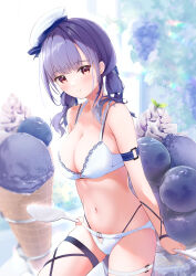 Rule 34 | 1girl, absurdres, armband, blush, bra, breasts, brown hair, candy, cleavage, collarbone, food, fruit, fujinomiya rio, grapes, highres, holding, holding spoon, ice cream, lingerie, long hair, looking at viewer, medium breasts, navel, original, oversized food, oversized object, panties, parfait, parted lips, purple eyes, solo, spoon, sweets, thigh strap, twintails, underwear, white bra, white headwear, white panties