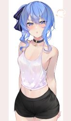 Rule 34 | 1girl, :o, arms behind back, black choker, black shorts, blue eyes, blue hair, blush, breasts, camisole, choker, cleavage, collarbone, commentary request, cowboy shot, crop top, hair ribbon, highres, hololive, hoshimachi suisei, navel, omoti (1201208), puff of air, ribbon, short shorts, shorts, side ponytail, small breasts, solo, star (symbol), star in eye, star print, symbol in eye, v-shaped eyebrows, virtual youtuber, white camisole
