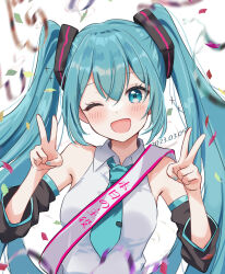 Rule 34 | 1girl, :d, birthday sash, blue eyes, blue hair, blush, collared shirt, confetti, dated, detached sleeves, double v, hasei (hasei01), hatsune miku, highres, long hair, long sleeves, looking at viewer, miku day, nail polish, necktie, one eye closed, open mouth, sash, shirt, sleeveless, sleeveless shirt, smile, solo, translation request, twintails, v, vocaloid