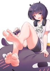 Rule 34 | 1girl, absurdres, barefoot, controller, fang, feet, foot focus, game controller, headphones, headphones around neck, highres, hololive, hololive english, looking at viewer, medium hair, ninomae ina&#039;nis, ninomae ina&#039;nis (loungewear), open mouth, pompmaker1, purple eyes, shirt, short shorts, shorts, smile, soles, t-shirt, toes, virtual youtuber, white background