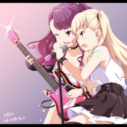 Rule 34 | 2girls, bare shoulders, blonde hair, blunt bangs, blush, bow, bracelet, breasts, cleavage, duet, fingerless gloves, gloves, guitar, hair bow, instrument, jewelry, kichihachi, kujou ume, large breasts, letterboxed, long hair, microphone, microphone stand, multiple girls, one eye closed, open mouth, purple eyes, purple hair, red eyes, single glove, sleeveless, smile, tattoo, tokyo 7th sisters, two side up, uesugi u. kyouko, wavy hair