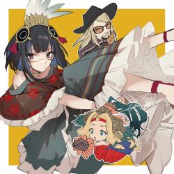 Rule 34 | 1boy, 2girls, black eyes, black hair, black headwear, blonde hair, blue hair, brother and sister, chibi, closed mouth, colored inner hair, commentary request, cowboy hat, dress, fate/grand order, fate (series), feather hair ornament, feathers, forehead, green eyes, grin, hair ornament, hat, highres, long hair, looking at viewer, mexican clothes, mexican dress, mini person, miniboy, minigirl, multicolored hair, multiple girls, no-kan, official alternate costume, poncho, quetzalcoatl (fate), red dress, short hair, siblings, signature, size difference, smile, tenochtitlan (fate), tezcatlipoca (fate), traditional clothes, two-tone hair