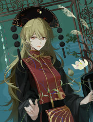 Rule 34 | 1girl, black dress, black headwear, blonde hair, bonsai, chinese clothes, closed mouth, commentary, dress, expressionless, eyebrows hidden by hair, fingernails, flower, hair between eyes, highres, indoors, its8b, junko (touhou), lips, lipstick, long hair, looking at viewer, makeup, neck ribbon, phoenix crown, red eyes, red tabard, ribbon, solo, tabard, tassel, touhou, tsurime, upper body, very long hair, white flower, yellow ribbon