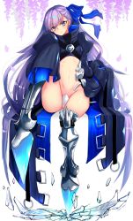 Rule 34 | 10s, 1girl, armor, armored boots, blue eyes, boots, crotch plate, fate/extra, fate/extra ccc, fate (series), flat chest, full body, highres, long hair, long sleeves, looking at viewer, meltryllis (fate), navel, parted lips, purple hair, putimaxi, revealing clothes, sleeves past wrists, solo, stomach, very long hair, wide sleeves