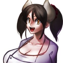 Rule 34 | 1girl, artist request, black hair, borrowed character, breasts, cleavage, cow girl, horns, huge breasts, looking at viewer, lowres, open mouth, simple background, smile, solo, sukimi, twintails, upper body, white background, yellow eyes
