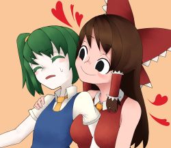 Rule 34 | 2girls, arm between breasts, between breasts, black eyes, blue vest, blush, bow, breasts, brown background, brown hair, closed eyes, closed mouth, collared shirt, colored skin, commentary, cookie (touhou), daiyousei, diyusi (cookie), empty eyes, frilled bow, frilled hair tubes, frills, green hair, hair bow, hair tubes, hakurei reimu, heart, highres, long hair, looking at another, medium breasts, multiple girls, necktie, necktie between breasts, noel (cookie), open mouth, red bow, shirt, short sleeves, side ponytail, simple background, sleeveless, sleeveless shirt, smile, surauta, touhou, upper body, vest, white shirt, white skin, yellow necktie, yuri