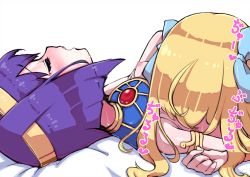 Rule 34 | 2girls, ahoge, aruku001, blonde hair, blush, breasts, breasts out, closed eyes, egyptian clothes, hair ornament, hair ribbon, highres, jashin-chan, jashin-chan dropkick, long hair, medusa (jashin-chan dropkick), multiple girls, nipples, open mouth, purple hair, ribbon, saliva, short hair, simple background, small breasts, tears, white background, yuri