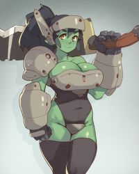 Rule 34 | 1girl, armor, black hair, black leotard, black thighhighs, breastplate, breasts, cleavage, clenched hands, closed mouth, colored skin, commentary, cowboy shot, crotch plate, english commentary, female orc, gauntlets, green skin, highres, holding, holding weapon, large breasts, leotard, looking at viewer, orc, original, over shoulder, pauldrons, ponytail, shoulder armor, single pauldron, smile, solo, standing, thighhighs, vins-mousseux, weapon, weapon over shoulder