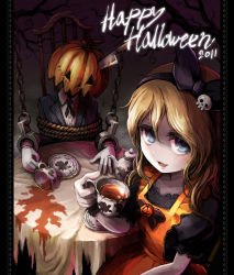 Rule 34 | 10s, 1girl, 2011, blonde hair, blue eyes, bound, bow, chain, crack, cuffs, cup, dress, formal, hair bow, hair ornament, hairband, halloween, handcuffs, happy halloween, jack-o&#039;-lantern, knife, knifed, long hair, original, pumpkin, rope, saucer, sitting, skull hair ornament, solo, spill, suit, table, tea, tea party, teacup, teapot, tied up (nonsexual), ume (illegal bible), wrist cuffs