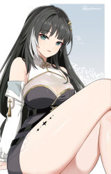 Rule 34 | 1girl, absurdres, baizhi (wuthering waves), bare shoulders, black dress, black hair, blue eyes, breasts, cleavage, crossed legs, detached sleeves, dress, gold trim, hair ornament, highres, large breasts, long hair, long sleeves, looking at viewer, multicolored hair, open mouth, see-through, see-through cleavage, short dress, sitting, sleeveless, sleeveless dress, solo, streaked hair, tacet mark (wuthering waves), thighs, twomoon, white hair, wuthering waves
