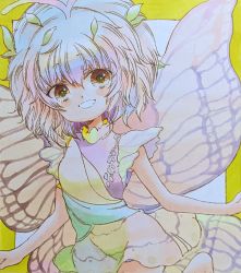 Rule 34 | 1girl, antennae, aqua hair, barefoot, brown eyes, butterfly wings, corrupted twitter file, dress, eternity larva, fairy, green dress, hair between eyes, highres, insect wings, leaf, leaf on head, multicolored clothes, multicolored dress, nishina masato, open mouth, short hair, short sleeves, smile, solo, touhou, traditional media, wings
